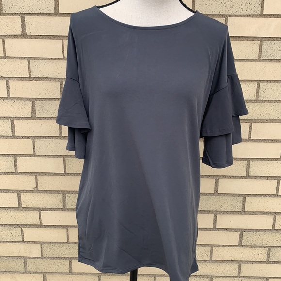 Zenana Ash Gray Double Ruffle Sleeve Drop Shoulders Top NWT - Picture 4 of 8